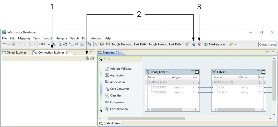 The Developer tool bar includes buttons for creating connections and showing connections. The Connection Explorer view also has a button for creating relational database connections. 
		  