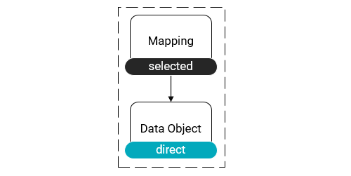 This image shows a dependency diagram for an application. In the application, a mapping uses a data object. The mapping has the label "selected." The data object has the label “direct.” 
				
