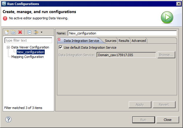 The right panel of the Run Configurations dialog box displays the following tabs where you configure the data viewer configuration properties: Data Integration Service, Sources, Results, and Advanced. 
				  