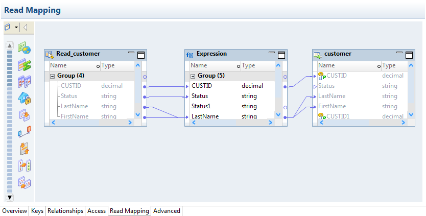 The read mapping editor allows you to define relationships between objects in the read mapping.