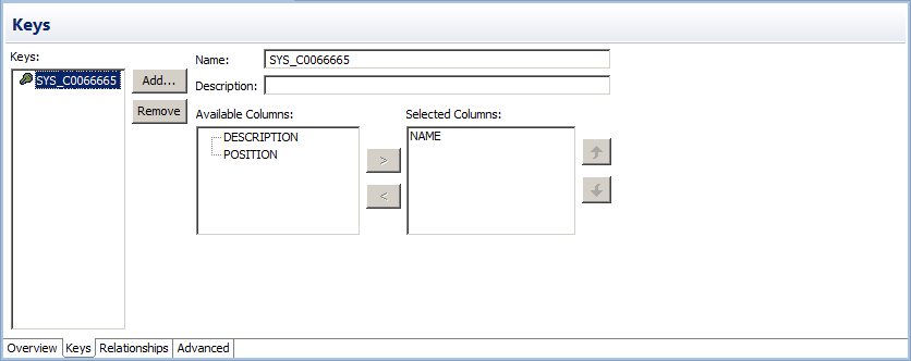 The Keys view shows a key defined for the relational data object. The view also shows the name, description, and available and selected columns for the key. 
				  