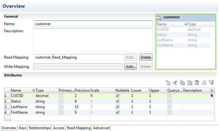 The logical data object editor shows object properties, editable column attributes, and a list of object columns. 