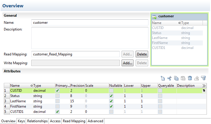 The logical data object editor shows general properties, editable column attributes, and a list of columns.