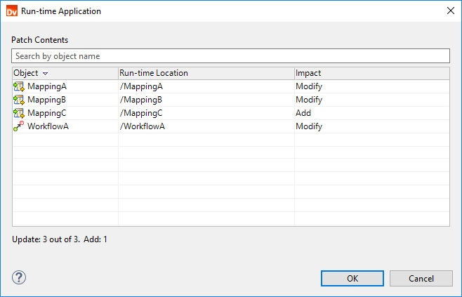This image shows the application preview. The table lists the following objects: the mappings Mapping A, Mapping B, and Mapping C; and the workflow Workflow A. The impact for the objects Mapping A, Mapping B, and Workflow A is Modify. The impact for the object Mapping C is Add. 
			 