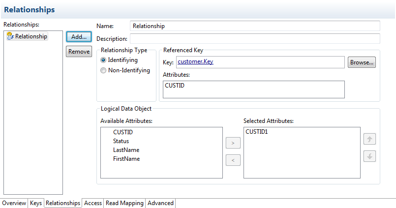 The relationships editor allows you to add and define relationships between logical data objects.