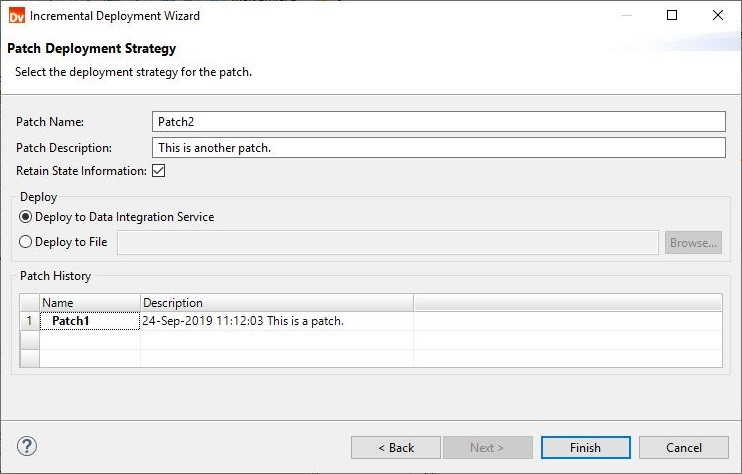 The image shows the Patch Deployment Strategy page of the Incremental Deployment wizard. The top of the page shows options to enter the patch name, enter the patch description, and a checkbox to retain state information. The middle of the page shows options to deploy the patch to a Data Integration Service or to deploy the patch to a file. The bottom of the page shows a table that shows the patch history. 
			 