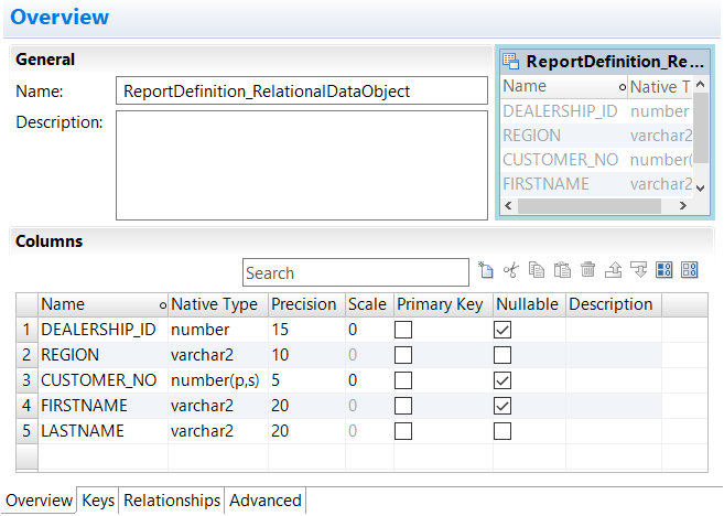 La vista Resumen muestra el nombre, la descripción y las columnas del objeto de datos relacionales. Un objeto de datos relacionales que está abierto en el editor también tiene las vistas Claves, Relaciones y Avanzadas. 
			 