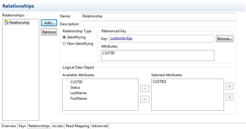 El editor de relaciones le permite añadir y definir relaciones entre objetos de datos lógicos.