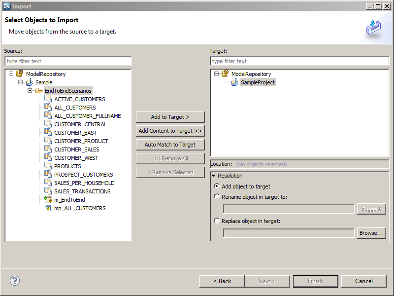 ResolutionThe image displays the Import dialog box with a Source pane on the left. The Source pane contains objects to be added to a project in the Target pane on the right. Between the Source and Target panes are buttons that you can use to move the objects. 
				  