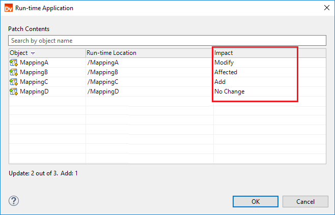 This image shows the application preview. The table lists the following objects: the mappings Mapping A, Mapping B, Mapping C, and Mapping B. The impact for the object Mapping A is Modify. The impact for the object Mapping B is Affected. The impact for the object Mapping C is Add. The impact for the object Mapping D is No Change. 
			 