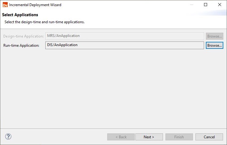 The image shows the Select Applications page of the Incremental Deployment wizard. There are two properties on the page. The first property allows you to select a design-time application. The second property allows you to select a run-time application. 
		  