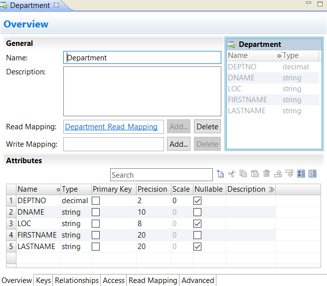 The logical data object editor shows object properties, editable column attributes, and a list of object columns. 