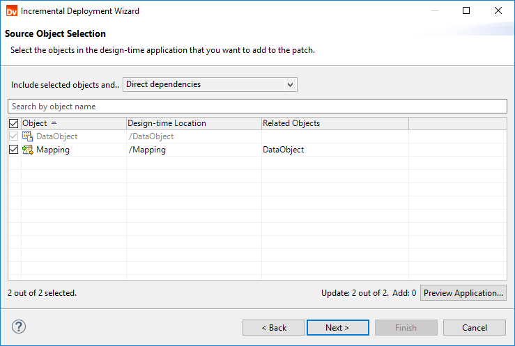 This image shows the Source Object Selection page in the Incremental Deployment wizard. Next to Include, the option "Selected objects" is selected. The table lists a mapping and a data object. The mapping is selected. The data object is inherited, and its row is greyed out. The bottom of the page states that 2 out of 2 objects are selected, 2 out of 2 objects will be updated, and 0 objects will be added. 
				