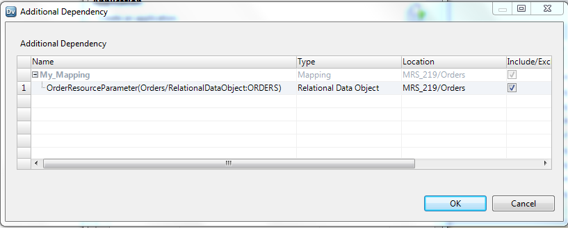 The Additional Dependency dialog box lists the mapping name and location. It lists the parameter name, the parameter type, and the location. The parameter has an Include/Exclude checkbox that you can clear if you want to skip including the parameter in the application. 
			 