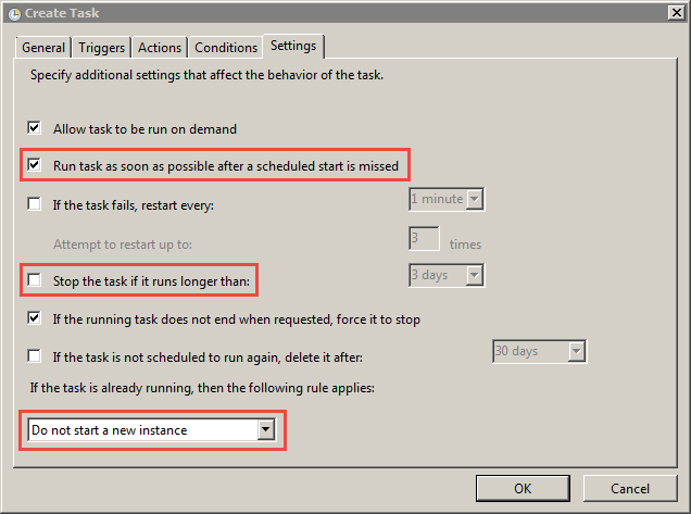 "Run task as soon as possible after a scheudled start is missed" is selected. "Stop the task if it runs longer than" is unselected. "If the task is already running, then the following rule applies" is set to "Do not start a new instance." 
				  