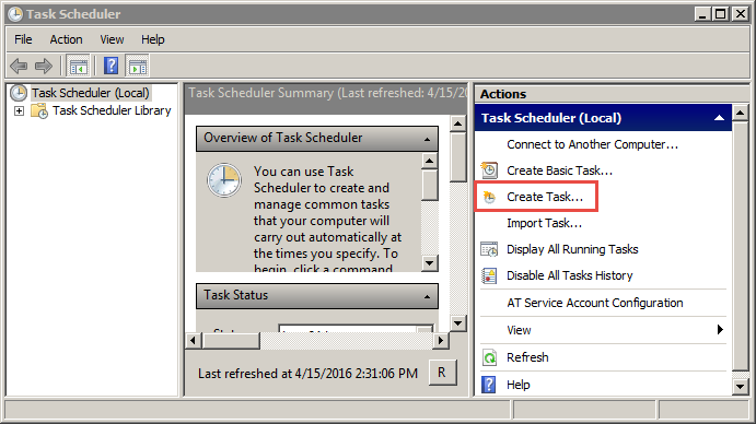 The Create Task option is in the left pane of the Task Scheduler window, under the Actions heading. 
				