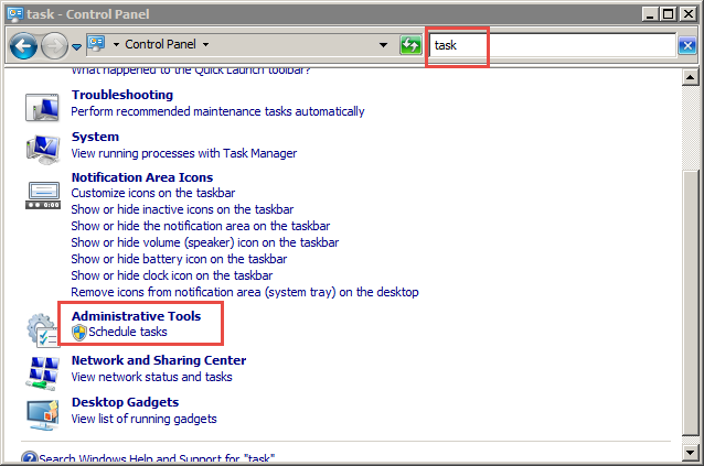 The Schedule Tasks option is under the Administrative Tools heading. 
				