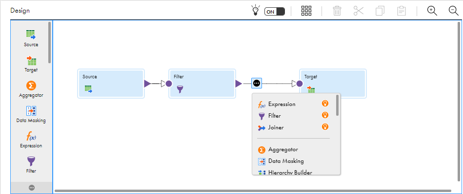 The image shows the Add transformation menu with the Expression, Filter, and Joiner transformations listed at the top. A round orange icon with a lightblub appears to the right of these transformations. 
			 