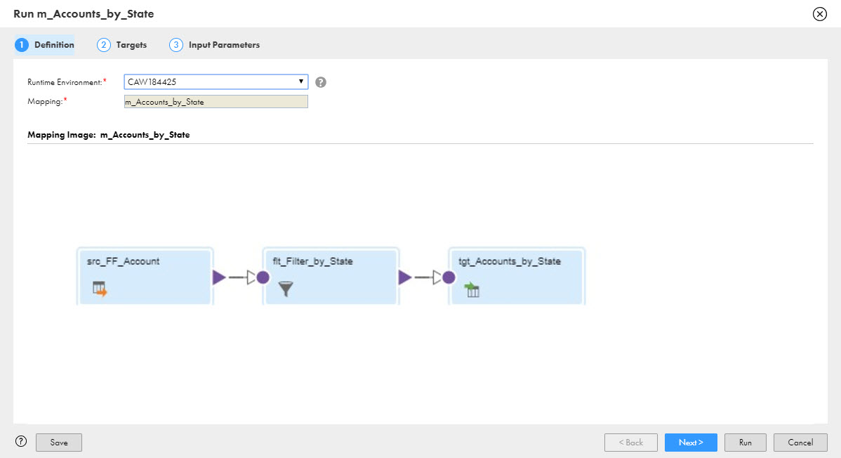 In the first page of the wizard, you select the runtime environment to use to run the mapping. The wizard displays an image of the mapping. 
					 