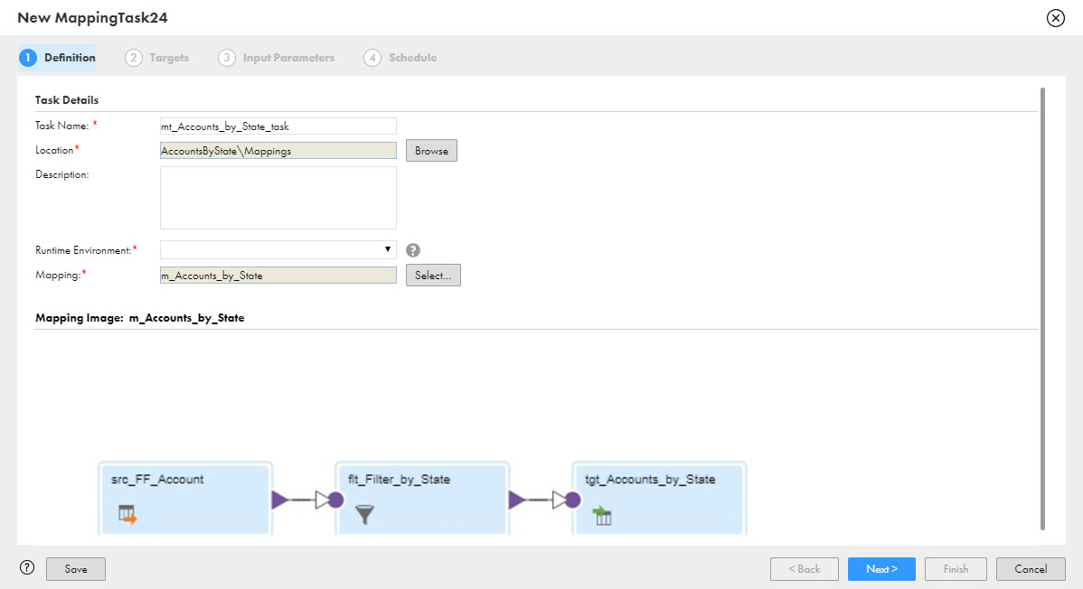 In the Definition page, you specify task details and select the runtime environment. You also specify the mapping to use for the task. The Definition page displays the mapping that you specify. 
				  