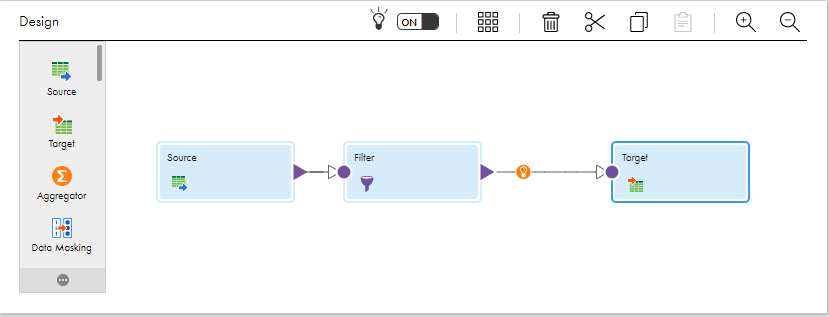 The image shows the mapping canvas with a Source, Filter, and Target transformation. A round orange icon with a lightbulb is on the link between the Filter and Target transformations. 
			 