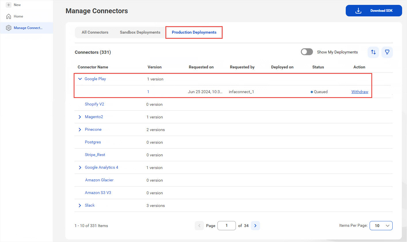 View deployment status on the production deployments tab. 
		  