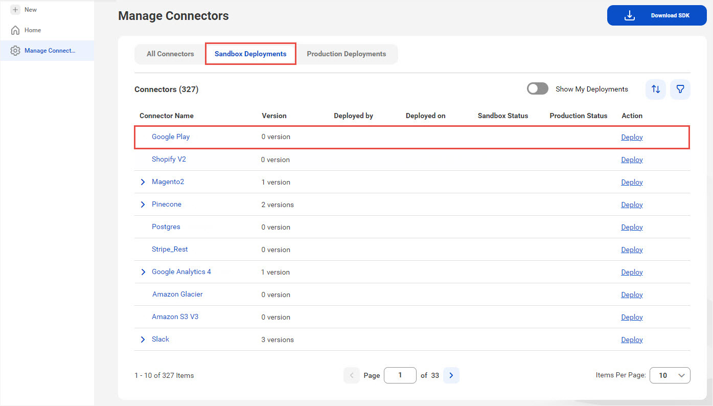 You can also deploy a connector from the Sandbox Deployments tab on the Manage Connectors page. 
				