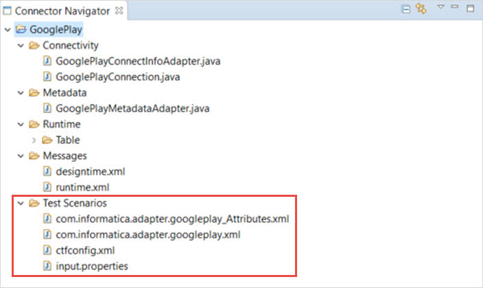 The Connector Navigator tab shows the auto generated test scenarios 
				