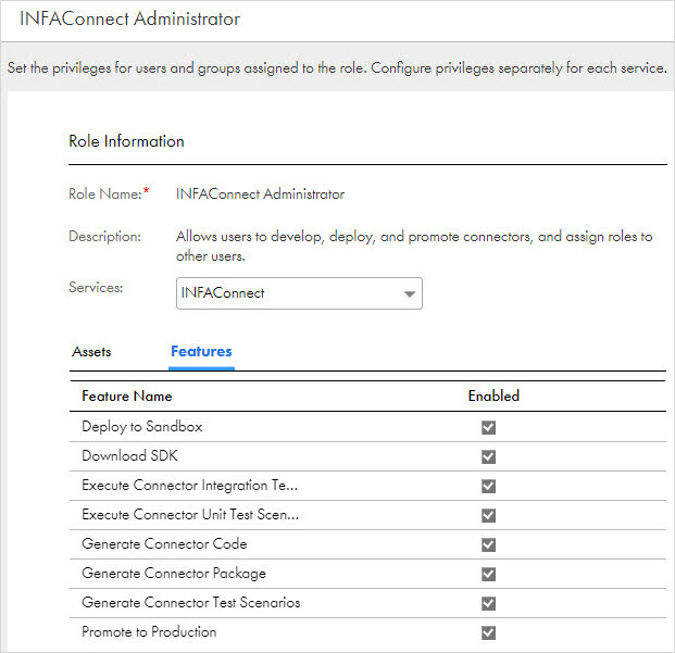 The image shows an example of the default feature privileges assigned to the administrator role. 
		  