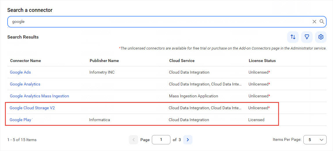 Search results list the licensed and unlicensed connectors 
		  