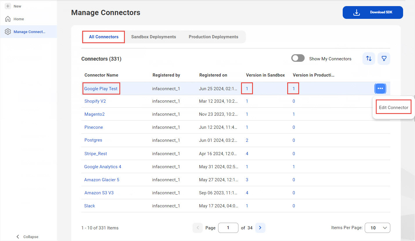 View all the connectors in your organization and the latest version of the connectors available in the sandbox and production environments. 
				