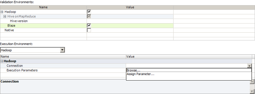 The figure shows the Validation Environments and Execution Environments. In the Execution Environment, Connection and Execution Parameters appear under Hadoop. In the Value field for the connection, the drop down list shows Browse and Assign Parameter. 
				  