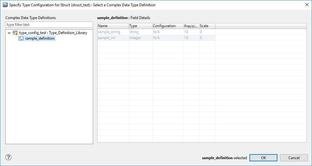 This screenshot shows the Type Configuration dialog box for a struct port. In the left-hand panel, you can expand your type definition library to view a list of your complex data types definitions. When you select the complex data type definition that you want to use, the right-hand panel shows the schema of the data in the definition. 
				  