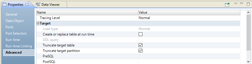 This image shows the Properties View for the Hive table. The properties to configure are located on the Advanced tab. The selected properties are Truncate target table and Truncate Hive Target Partition. These properties have checkmarks next to them. 
			 