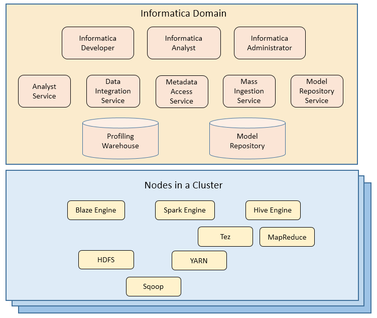The Big Data Management components include clients, application services, and databases within the Informatica domain. The nodes in the Hadoop cluster contain engines that can run the mappings. 
		  