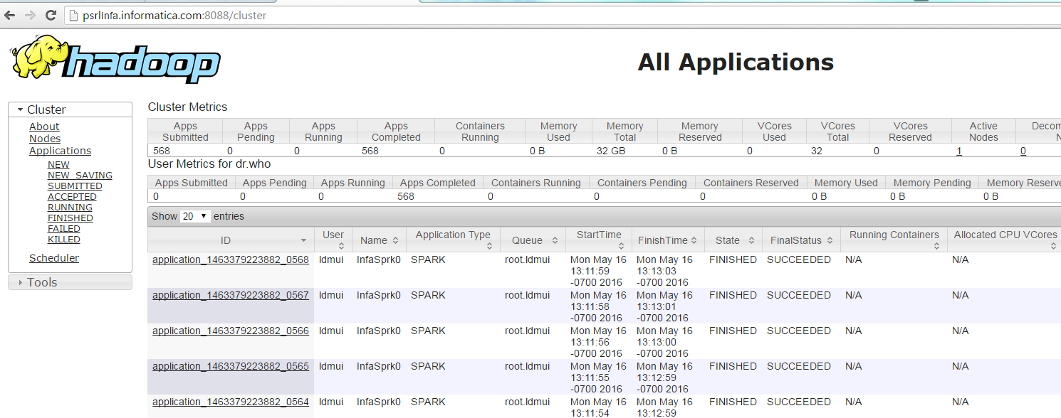 The YARN web user interface shows a list of the applications that ran on a cluster. 
			 