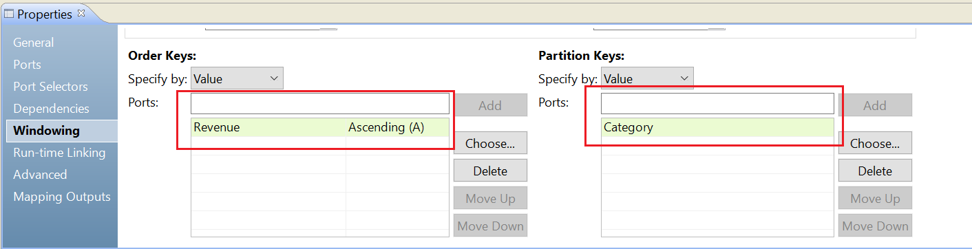 The order key is ascending revenue. The partition key is category. 
			 