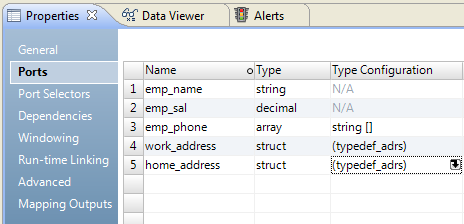 The Ports tab displays five ports. The type configuration column for the two struct ports work_address and home_address show the complex data type definition typedef_adrs. 
			 