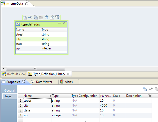 The Type Definition Library tab of the mapping contains a complex data type definition typedef_adrs. The Types tab in the Properties view of the complex data type definition lists the complex data type definition elements and the data types of the elements. The complex data type definition contains the following elements: street, city, and state of type string and zip of type integer.
			 
