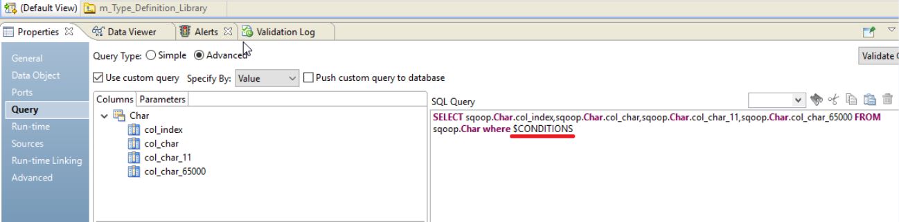 The image shows a dummy custom query that contains $CONDITIONS in the WHERE clause. 
				