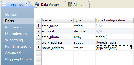 ［ポート］タブに、5つのポートが表示されます。work_addressとhome_addressの2つの構造ポートの型設定カラムに、typedef_adrs複合データ型定義が表示されています。 
			 