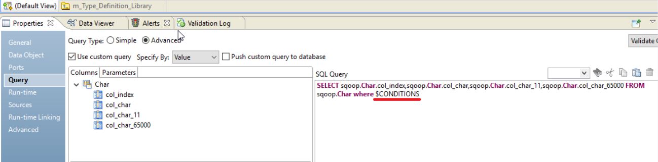 The image shows a dummy custom query that contains $CONDITIONS in the WHERE clause. 
				