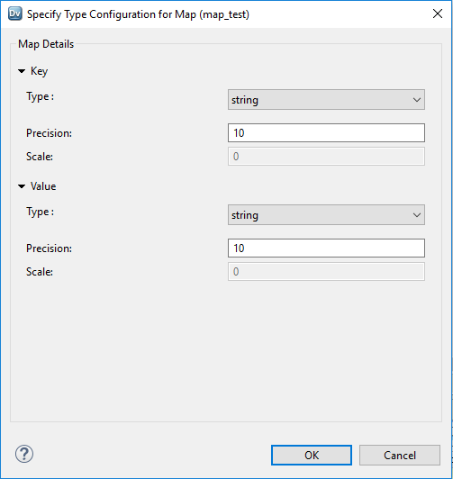 The Type Configuration dialog box for a map port shows the properties for the data type, precision, and scale for the key and value. The default key data type is string, and the default value data type is string. 
				  