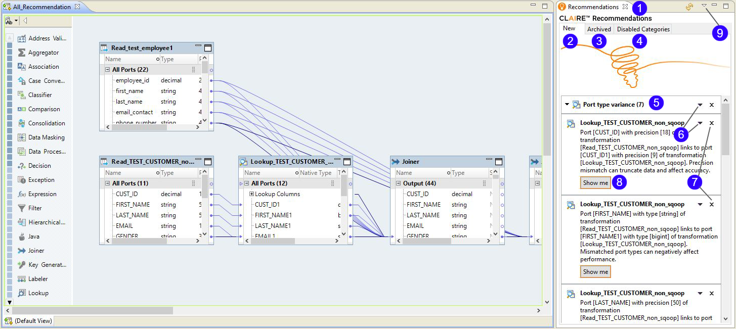 The image shows the Developer tool editor pane displaying a mapping that includes a Joiner transformation. On the right of the editor pane is the Recommendations view, numbered to show its elements.