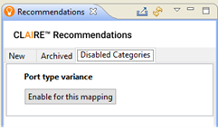 The image shows the Recommendations view and the Disabled Categories tab. A single category appears, entitled Port Type Variance.