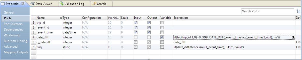 The LAG function, the DATE_DIFF function, and the IIF flag are defined on the Ports tab in the Expression transformation. 
			 