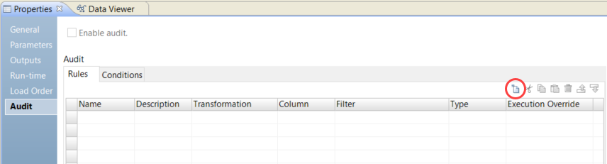 Screenshot of the Audit properties in the Developer tool. The New (insert) icon on the Rules tab is highlighted with a red circle.