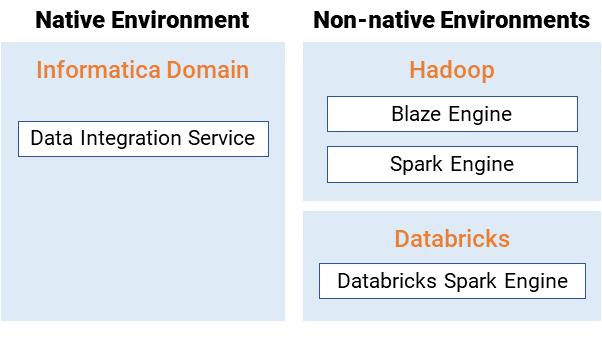 The diagram shows the Data Integration Service under the Native Environments heading, and the Blaze engine, the Spark engine, and the Databricks Spark engine under the Non-native Environments heading.