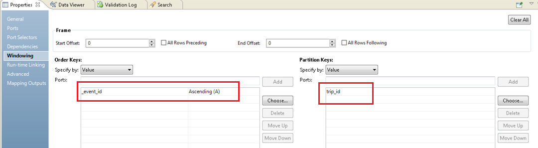 On the Windowing tab, _event_id is selected as the order key and trip_id is selected as the partition key. The frame specification is not defined. 
			 