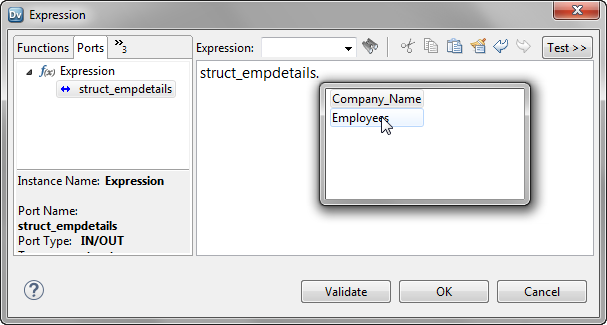 The Expression Editor shows a list of elements in the struct. 
				  
